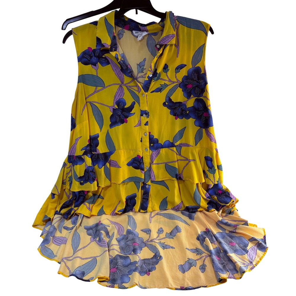 For The Republic Woman 2X Yellow Blue Floral High-Low Ruffle Sleeveless Top